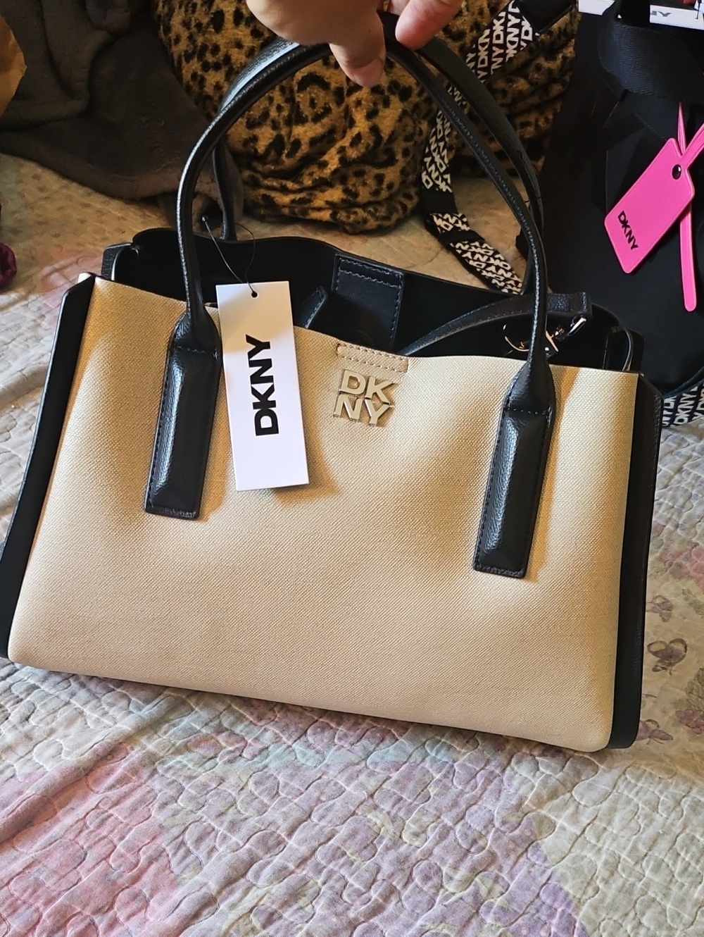 DKNY Beige Tote with Black Trim and Top Handles